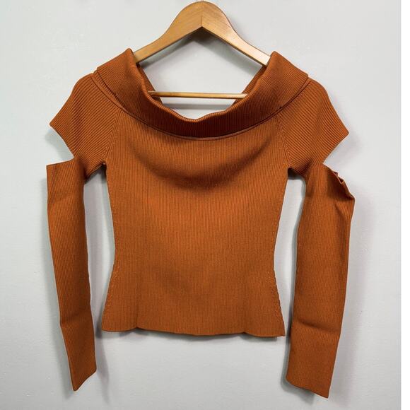 New Jonathan Simkhai Zayla Compact Knit Off Shoulder Sweater in Tobacco Size L - Picture 4 of 12